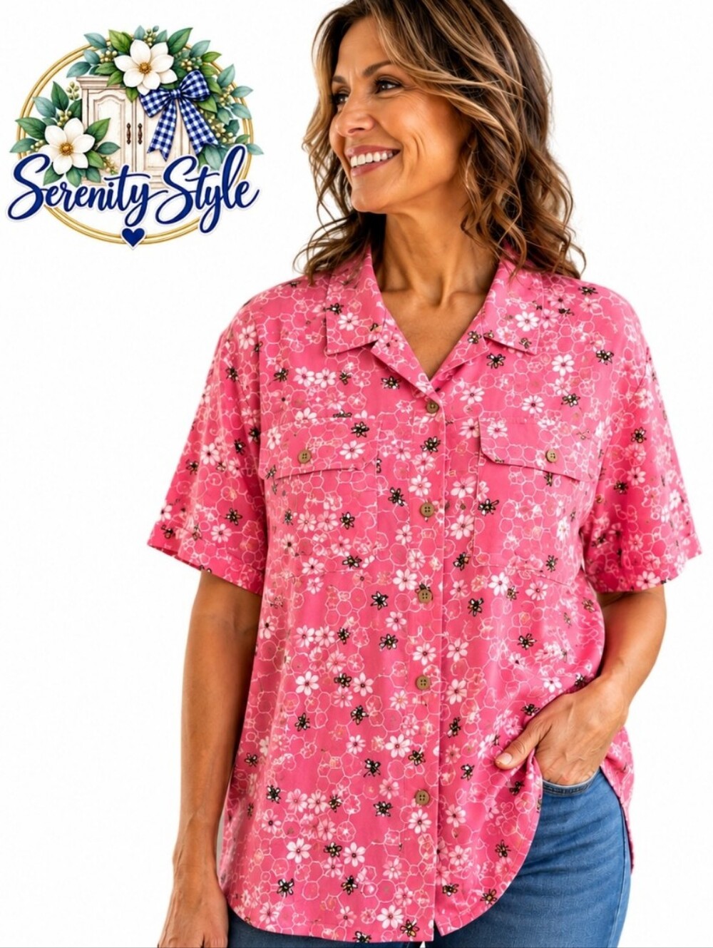 Duluth Trading XXL Pink Bee Floral Honeycomb Short Sleeve Button Up Shirt
